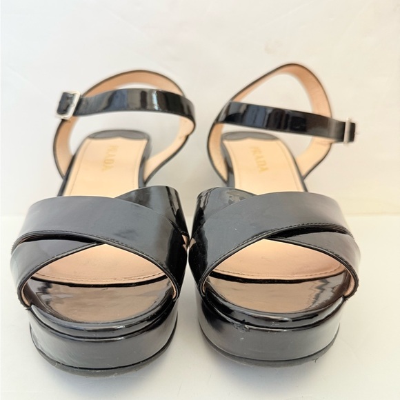 Prada Black Patent leather Wedge peep toe Criss cross sandals EU 40 - Picture 5 of 8